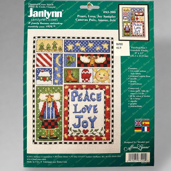 Janlynn Other - Janlynn Peace Love Joy Cross‎ Stitch Kit 2001 Christmas Sampler New Old Stock